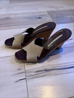 Donald J. Pliner Brown Croc-Embossed Leather (and canvas) Cork Wedge Sandals